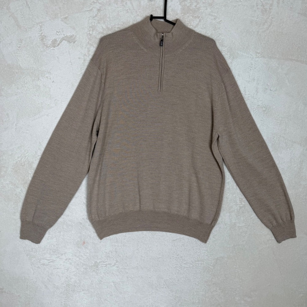 Jos. A. Bank Signature Collection Tan 100% Merino Wool 1/4 Zip Sweater Preppy